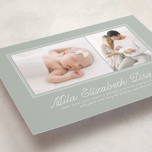 This is a sage grand birth announcements with standard by Laura Hankins called byline printing on recycled smooth signature in grand
