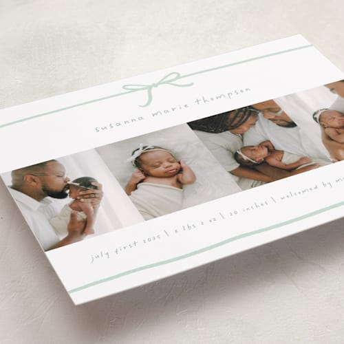 This is a mint grand birth announcements with standard by Erin L. Wilson called gift printing on smooth signature in grand