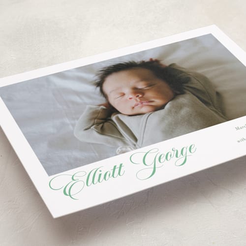 This is a clover grand birth announcements with standard by Megan Davis called hollis printing on smooth signature in grand