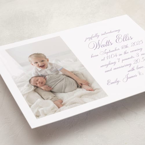 This is a lilac grand birth announcements with standard by Megan Davis called walden printing on smooth signature in grand