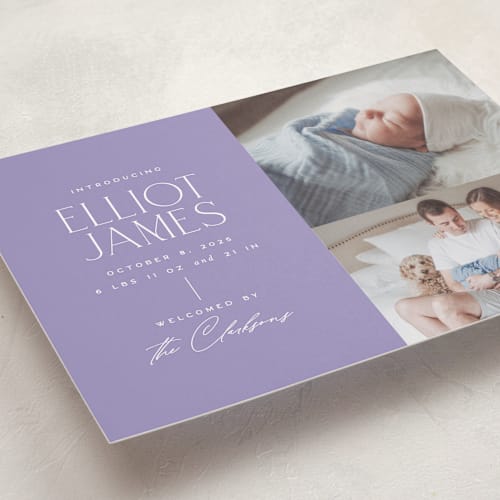 This is a lavender grand birth announcements with standard by Jessica Corliss called announcing elegance printing on smooth signature in grand