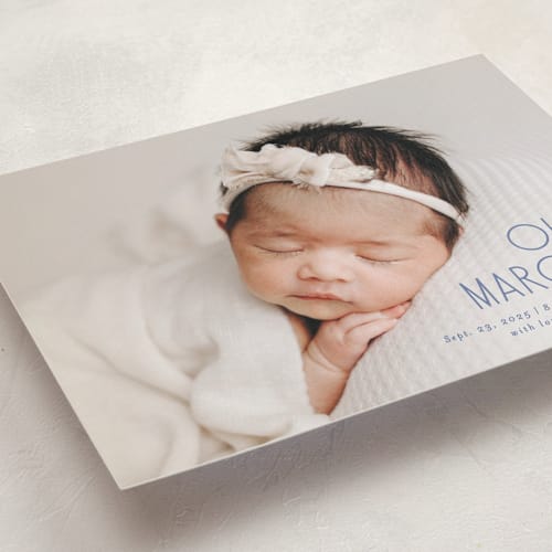 This is a denim grand birth announcements with standard by Lisa Assenmacher called sweetly modern printing on smooth signature in grand