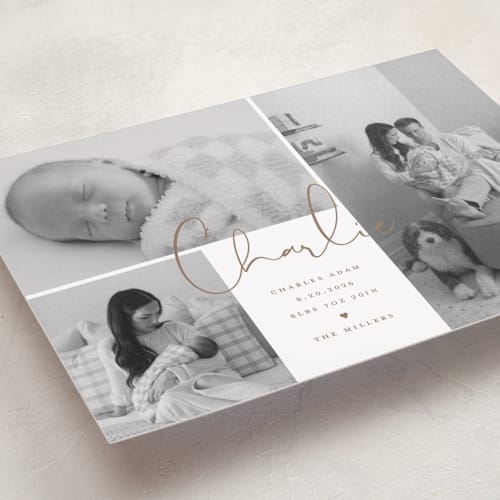 This is a caramel grand birth announcements with standard by Michelle Taylor called trio of love printing on recycled smooth signature in grand