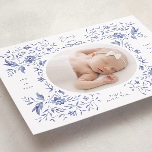 This is a bluebird grand birth announcements with standard by Susan Zinader called daisy toile printing on recycled smooth signature in grand