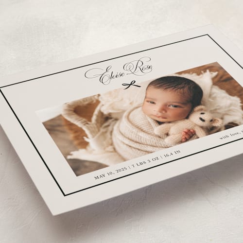 This is a charcoal grand birth announcements with standard by Chelsea Petaja called elegant bow holiday printing on recycled smooth signature in grand