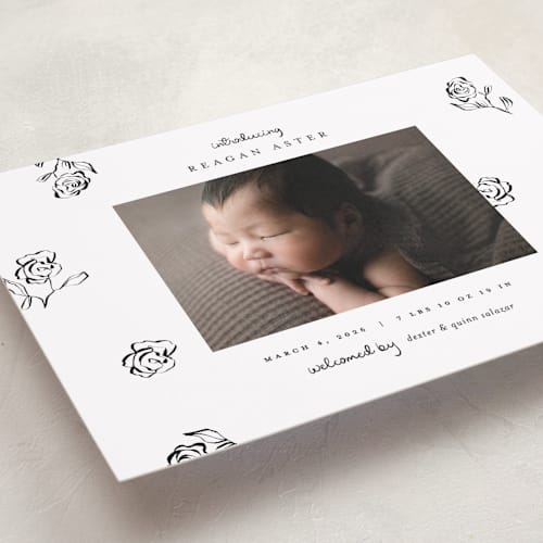 This is a lily of the valley grand birth announcements with standard by Pixel and Hank called the flora printing on smooth signature in grand