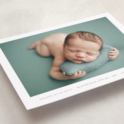 This is a warm grey grand birth announcements with standard by Phrosné Barwood called most simple printing on smooth signature in grand