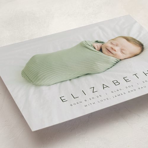 This is a avocado grand birth announcements with standard by Juneau Designs called sweet love printing on recycled smooth signature in grand