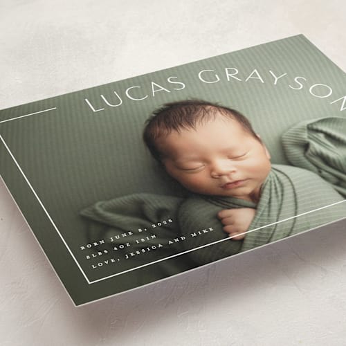 This is a snow grand birth announcements with standard by Lauren Chism called take shape printing on smooth signature in grand