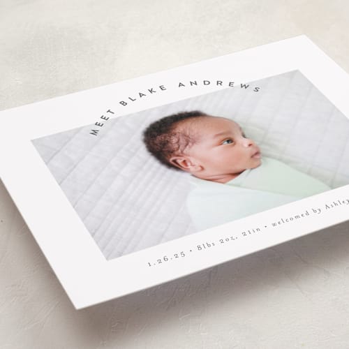 This is a penguin grand birth announcements with standard by Carolyn MacLaren called arc name printing on recycled smooth signature in grand