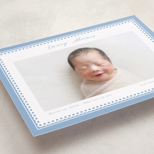 This is a sky grand birth announcements with standard by Nicole Walsh called stitched frame printing on smooth signature in grand