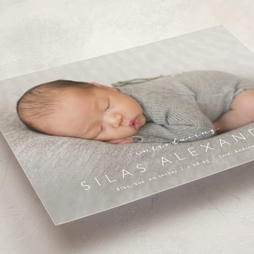 This is a cloud grand birth announcements with standard by Carolyn MacLaren called baby bliss printing on recycled smooth signature in grand