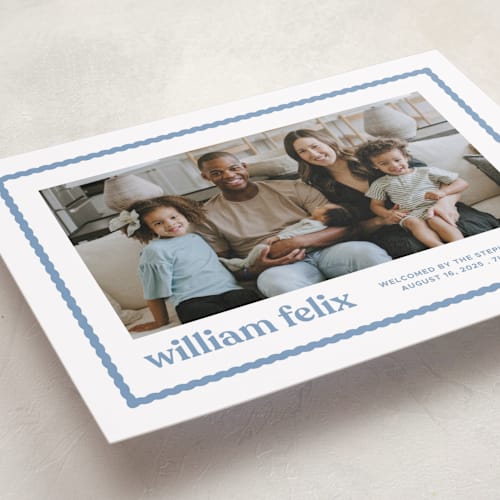 This is a water grand birth announcements with standard by Lea Delaveris called first impression printing on smooth signature in grand