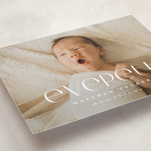 This is a linen grand birth announcements with standard by Erica Krystek called modern name printing on smooth signature in grand