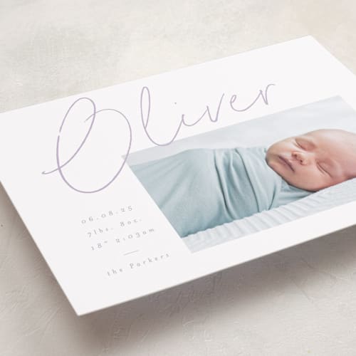 This is a lavender grand birth announcements with standard by AK Graphics called simply printing on smooth signature in grand