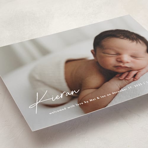 This is a marshmallow grand birth announcements with standard by chocomocacino called raclette printing on recycled smooth signature in grand