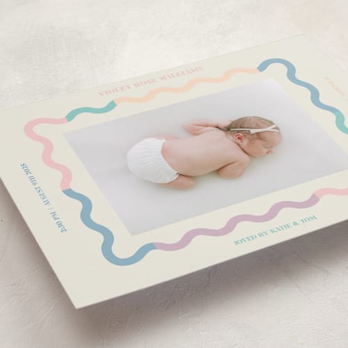 This is a cream grand birth announcements with standard by Baumbirdy called wavy pastel frame printing on recycled smooth signature in grand
