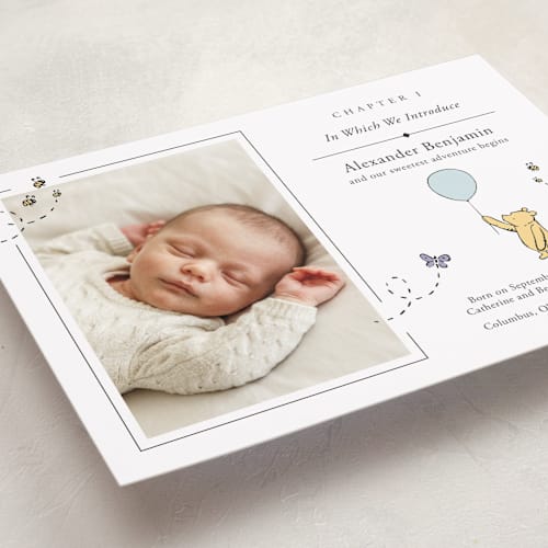 This is a cloud grand birth announcements with standard by Heather Schertzer called disney sweetest adventure printing on smooth signature in grand