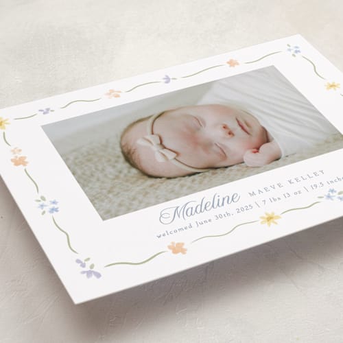 This is a bouquet grand birth announcements with standard by Robert and Stella called petite garden printing on smooth signature in grand