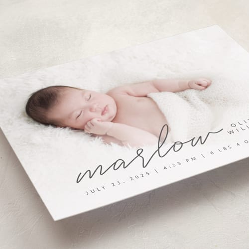 This is a graphite grand birth announcements with standard by Megan Cash called marlow printing on recycled smooth signature in grand