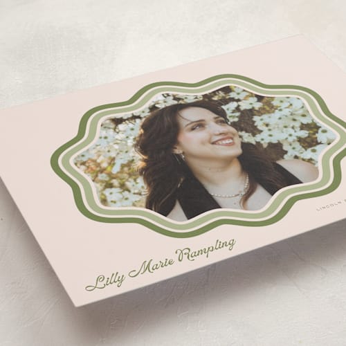 This is a matcha graduation announcements with standard by Melanie Kosuge called scalloped printing on recycled smooth signature in grand