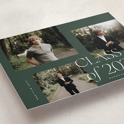 This is a forest graduation announcements with standard by Kelly Schmidt called troi printing on recycled smooth signature in grand