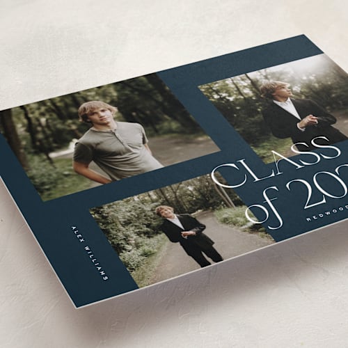 This is a navy graduation announcements with standard by Kelly Schmidt called troi printing on recycled smooth signature in grand
