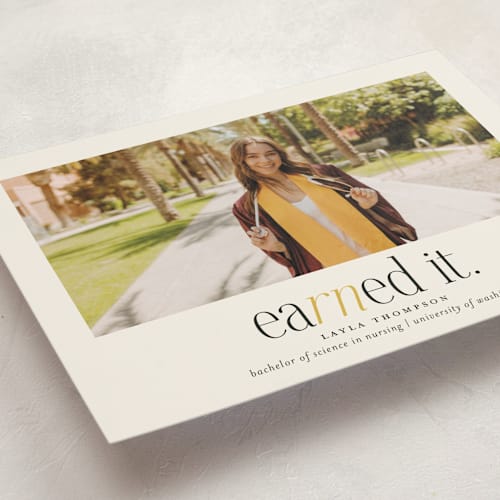 This is a marigold graduation announcements with standard by Louise Kay called earned it printing on recycled smooth signature in grand