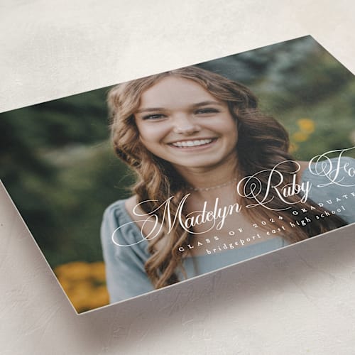 This is a salt graduation announcements with standard by Lea Delaveris called with a flourish printing on recycled smooth signature in grand