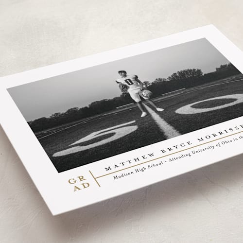 This is a golden graduation announcements with standard by Erica Krystek called modern grid printing on recycled smooth signature in grand
