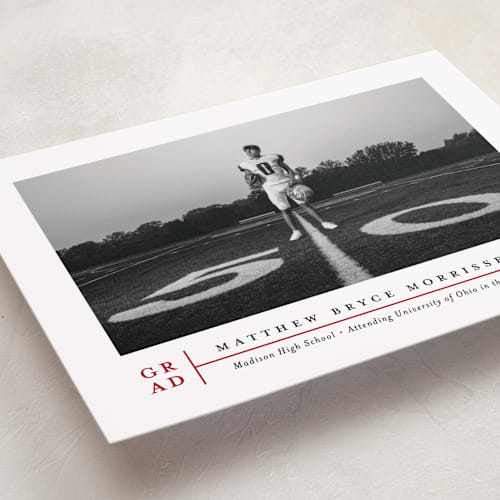 This is a crimson graduation announcements with standard by Erica Krystek called modern grid printing on recycled smooth signature in grand