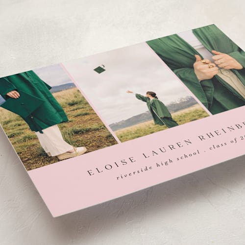This is a blush graduation announcements with standard by Morgan Kendall called carousel printing on recycled smooth signature in grand