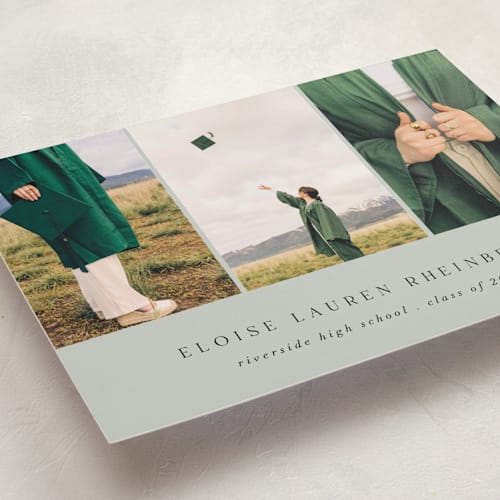 This is a sage graduation announcements with standard by Morgan Kendall called carousel printing on recycled smooth signature in grand