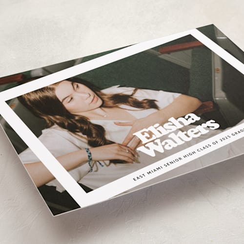 This is a snow graduation announcements with standard by Inkblot Design called filter printing on recycled smooth signature in grand
