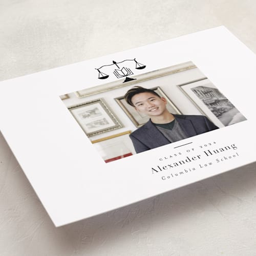 This is a ink graduation announcements with standard by Hudson meet Rose called scales of justice printing on recycled smooth signature in grand