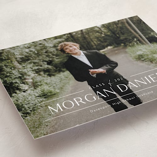 This is a eggshell graduation announcements with standard by Carolyn MacLaren called grad in overlay printing on recycled smooth signature in grand