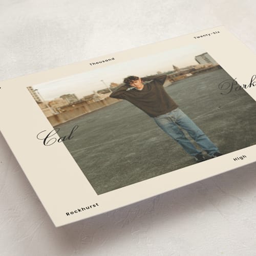 This is a sand graduation announcements with standard by Rachel Cassel called perfectly scripted printing on recycled smooth signature in grand