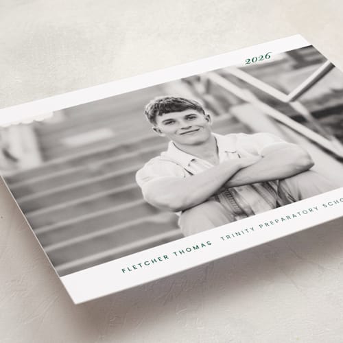 This is a forest graduation announcements with standard by Sara Hicks Malone called deerfield printing on recycled smooth signature in grand