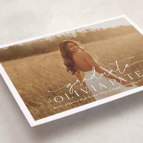 This is a snow graduation announcements with standard by Sarah Curry called graduate script printing on recycled smooth signature in grand