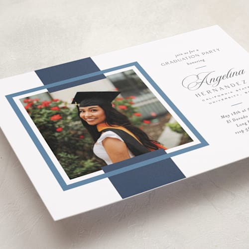 This is a navy graduation invitations with standard by Owl and Toad called preppy frame printing on recycled smooth signature in grand
