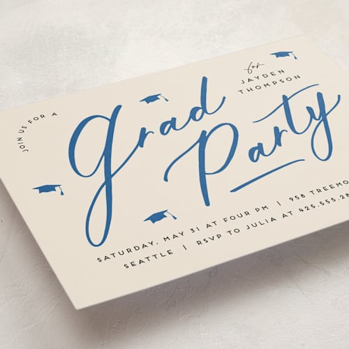 This is a azure graduation invitations with standard by Louise Kay called celebrate the grad printing on signature in grand