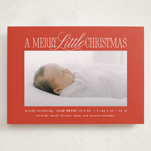 This is a poinsettia babys first christmas with standard by Brooke Chandler called littlest christmas printing on recycled smooth signature in grand