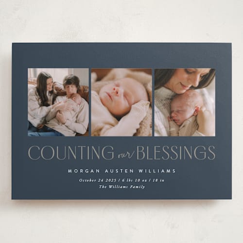This is a blue spruce babys first christmas with standard by Robert and Stella called counting those blessings printing on recycled smooth signature in grand