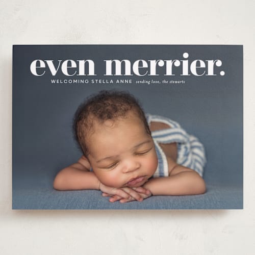 This is a snow babys first christmas with standard by Lori Wemple called even merrier. printing on recycled smooth signature in grand