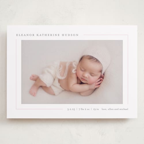 This is a blush grand birth announcements with standard by Lauren Chism called simply serene printing on recycled smooth signature in grand