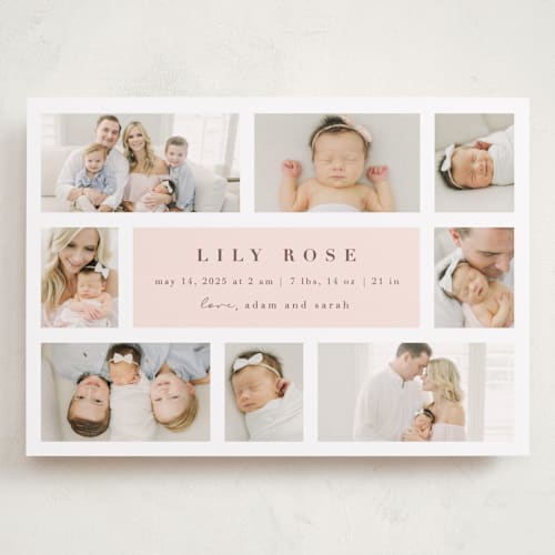 This is a blush grand birth announcements with standard by Maria Alou called family album printing on smooth signature in grand