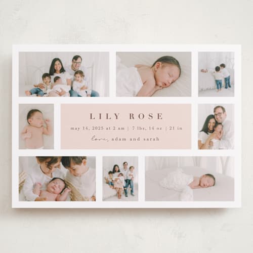 This is a blush grand birth announcements with standard by Maria Alou called family album printing on recycled smooth signature in grand