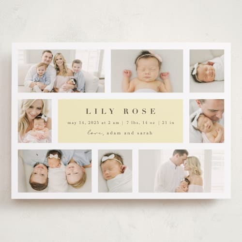 This is a butter grand birth announcements with standard by Maria Alou called family album printing on recycled smooth signature in grand