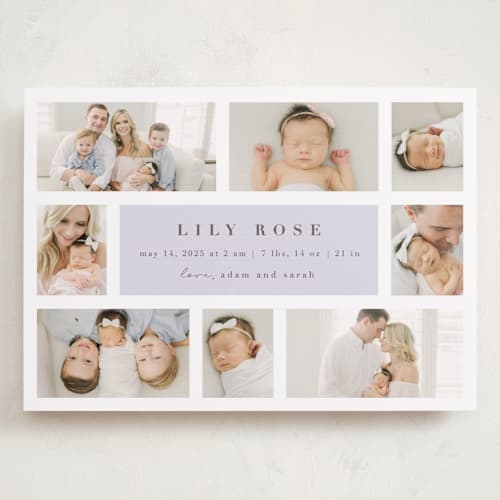 This is a periwinkle grand birth announcements with standard by Maria Alou called family album printing on smooth signature in grand
