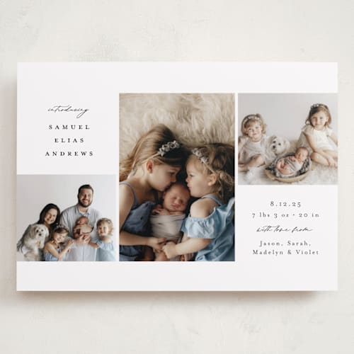 This is a noir grand birth announcements with standard by Emily Betts called three printing on smooth signature in grand